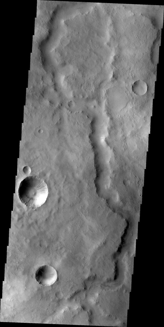 The unnamed channel in this image captured by NASA 2001 Mars Odyssey spacecraft is located southeast of Tikhonravov Crater in Terra Sabaea.