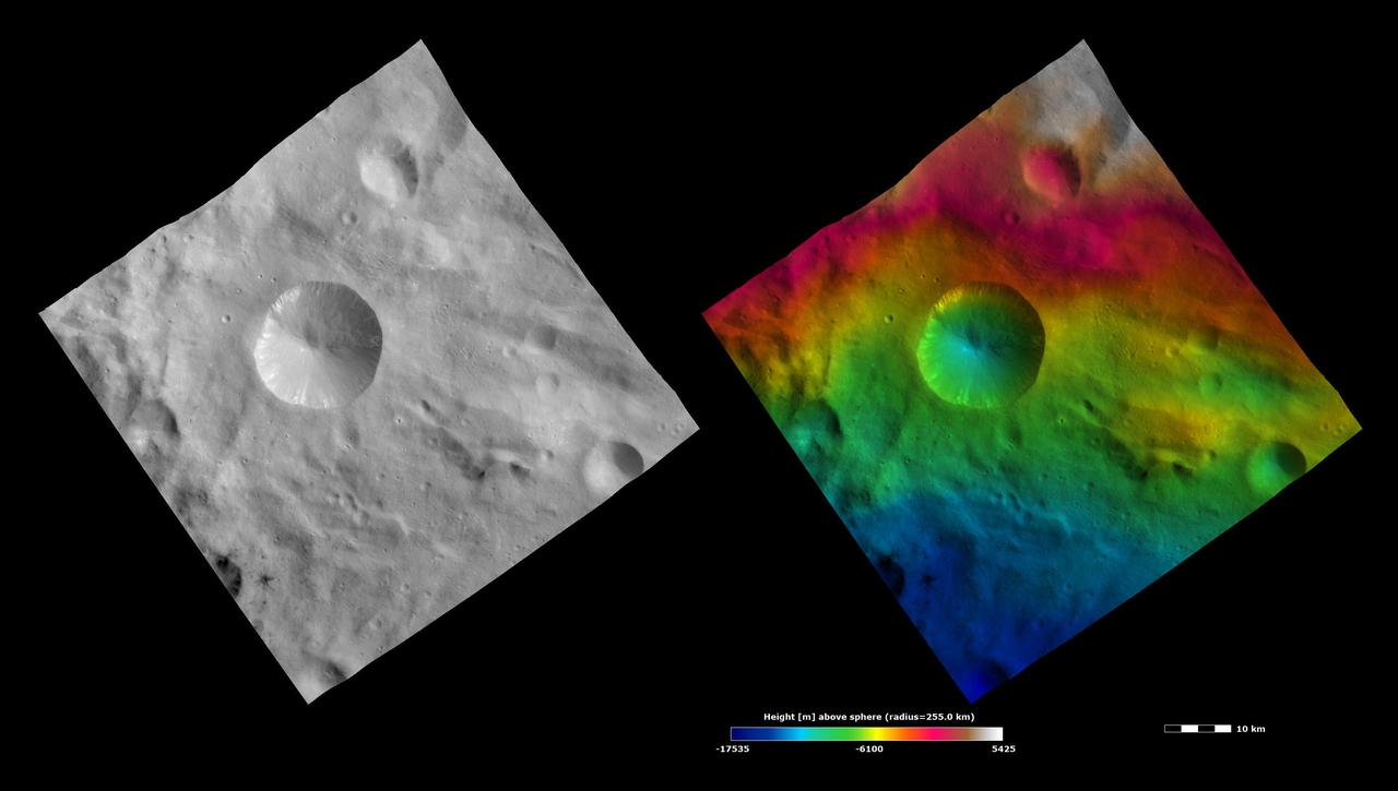 These images from NASA Dawn spacecraft show Sextilia crater on asteroid Vesta.