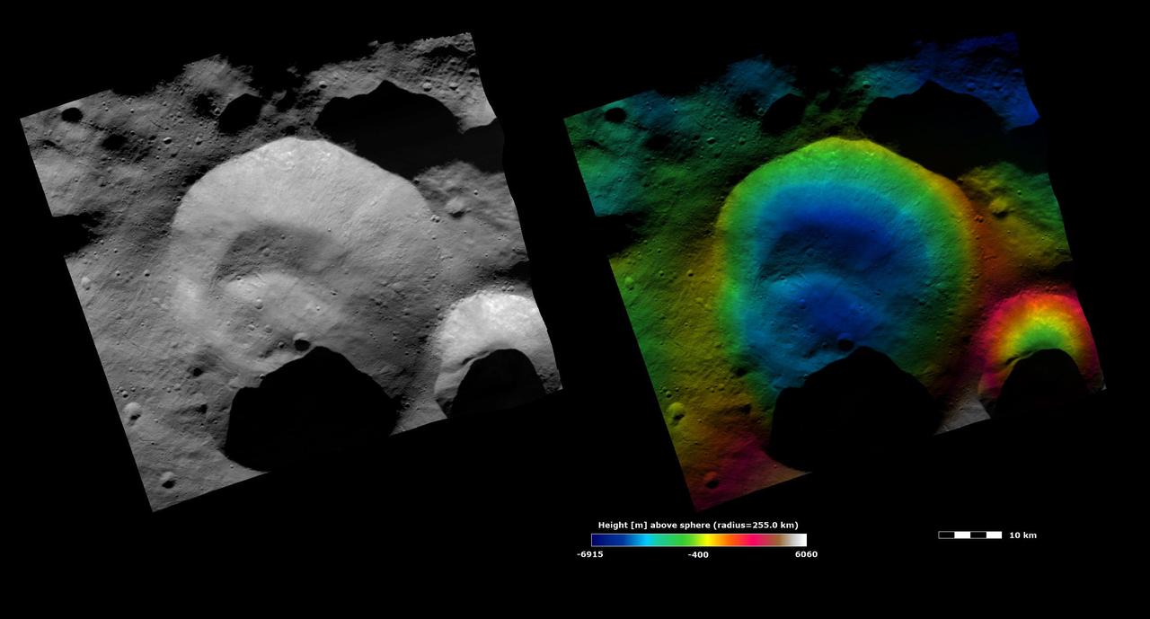 These images from NASA Dawn spacecraft show Caparronia crater on asteroid Vesta.