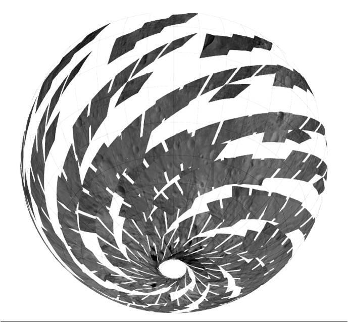 This mosaic from NASA Dawn spacecraft shows asteroid Vesta southern hemisphere lower part of the image and equatorial regions upper part of the image.