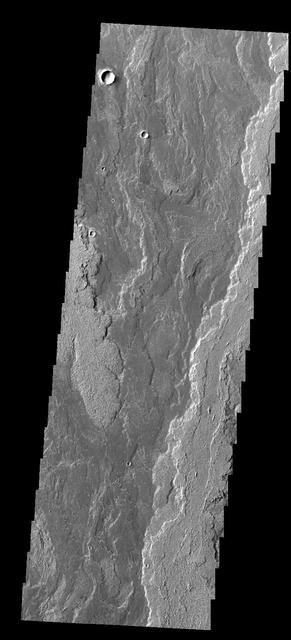 The lava flows seen in this image from NASA 2001 Mars Odyssey spacecraft are part of Daedalia Planum. The flows are associated with Arsia Mons.