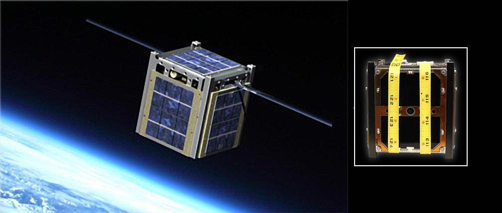 The image on the left is an artist rendering of Montana State University Explorer 1 CubeSat; at right is a CubeSat created by the University of Michigan designated the Michigan Mulitpurpose Mini-satellite, or M-Cubed.