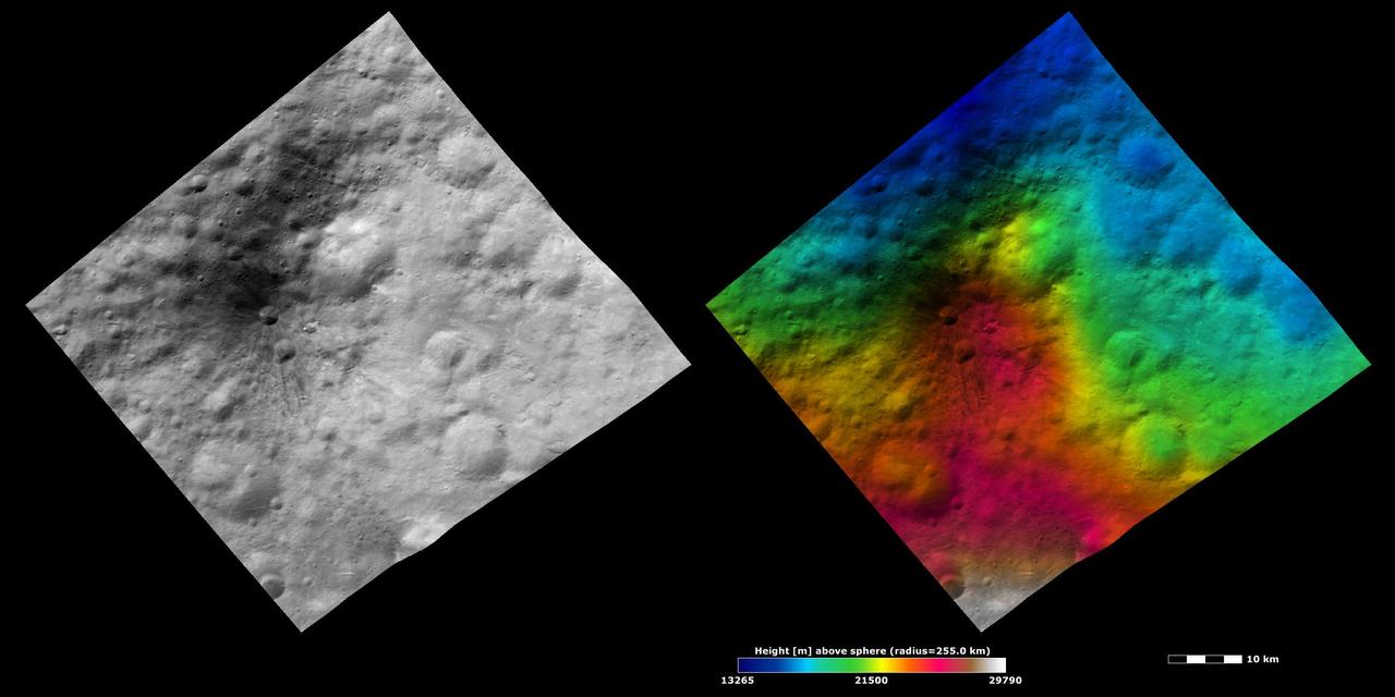 These images from NASA Dawn spacecraft show the brightness/darkness of asteroid Vesta surface. These images are located in Vesta Marcia quadrangle.
