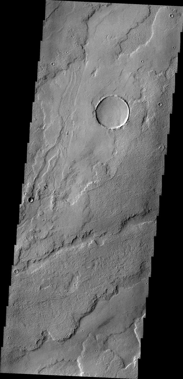 This image captured by NASA 2001 Mars Odyssey spacecraft shows a small portion of the volcanic flows in the Tharsis region.