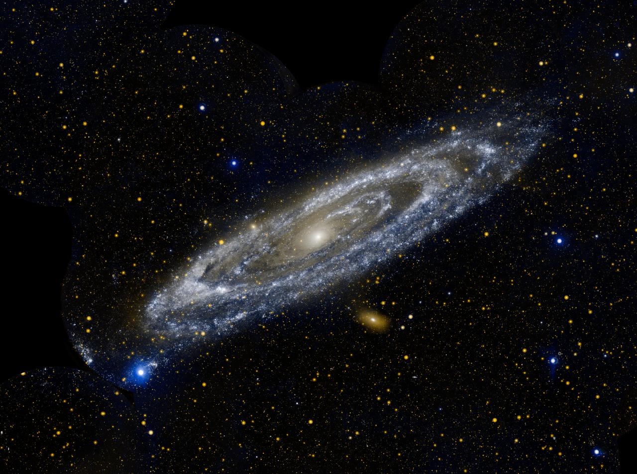 Hot stars burn brightly in this new image from NASA Galaxy Evolution Explorer, showing the ultraviolet side of a familiar face. Approximately 2.5 million light-years away, the Andromeda galaxy, or M31, is our Milky Way largest galactic neighbor.