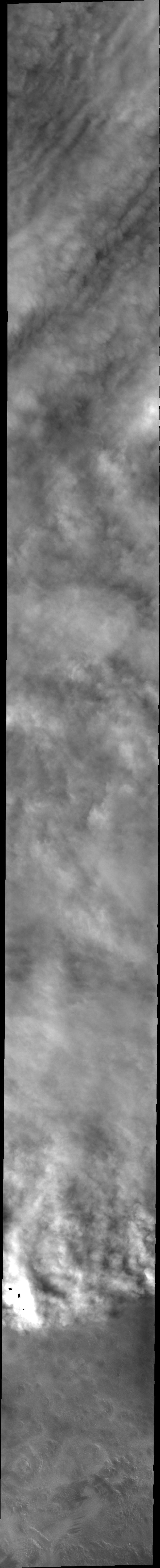 This image captured by NASA 2001 Mars Odyssey spacecraft shows the edge of the clouds in a weather front in the northern latitudes.