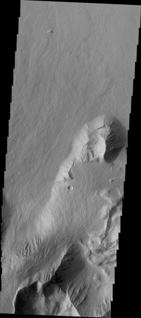 This image captured by NASA 2001 Mars Odyssey spacecraft shows Olympus Mons is surrounded by an escarpment, called Olympus Rupes, a steep cliff-face between the volcano and the surrounding lava flows on the northeastern side of Olympus Mons.