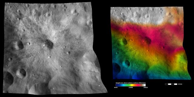 The left-hand image from NASA Dawn spacecraft shows the apparent brightness of asteroid Vesta surface. The right-hand image is based on this apparent brightness image, with a color-coded height representation of the topography overlain onto it.