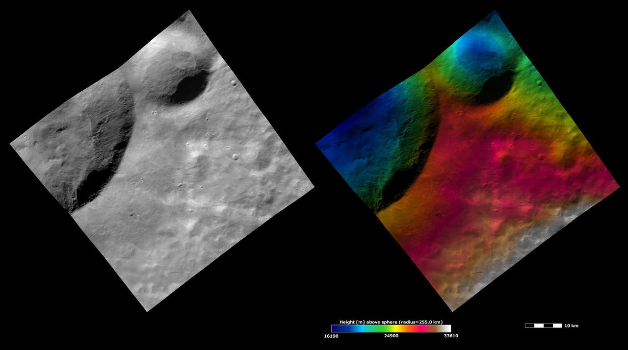Located in the Marcia quadrangle, the left-hand image from NASA Dawn spacecraft shows the apparent brightness of asteroid Vesta surface. The right-hand image is based on this apparent brightness image.