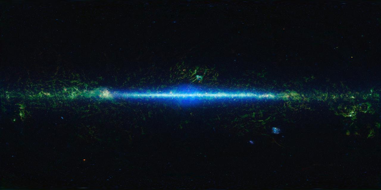 This mosaic of images covering the entire sky was observed by NASA WISE telescope and is part of its All-Sky Data Release. The projection used in this image of the sky is called an equirectangular.