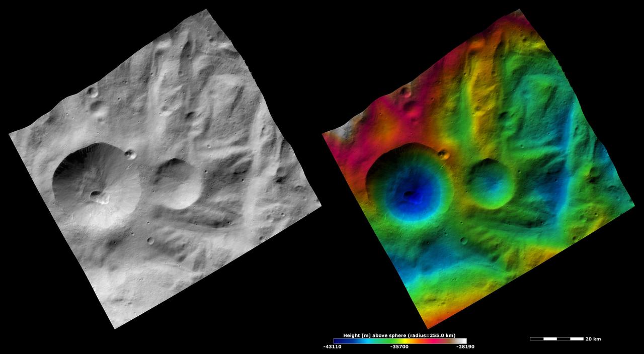 These images are located in Vesta Rheasilvia quadrangle, near asteroid Vesta south pole. NASA Dawn spacecraft obtained the apparent brightness image with its framing camera on Oct. 22, 2011.