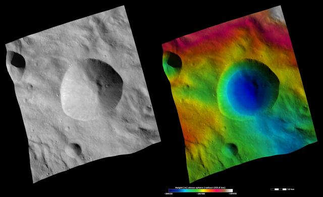 NASA image: Apparent Brightness and Topography Images of Tarpeia Crater