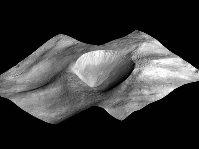 This image, made from data obtained by NASA Dawn spacecraft, shows a perspective view of a layered young crater in the Rheasilvia basin at asteroid Vesta.