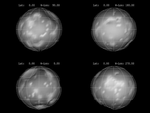This panel of images shows the nearly spherical shape of Saturn moon Phoebe, as derived from imaging obtained from NASA Cassini spacecraft. Each image represents a 90-degree turn.
