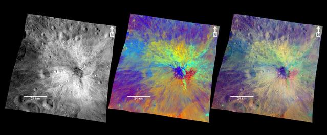 These composite images from NASA Dawn spacecraft show three views of a terrain with ridges and grooves near Aquilia crater in the southern hemisphere of the giant asteroid Vesta.