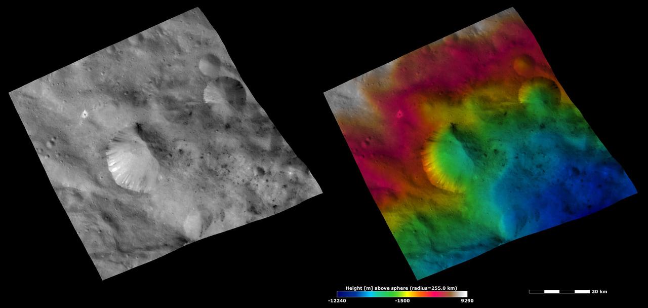 These images from NASA Dawn spacecraft are located in Vesta Sextilia quadrangle, in asteroid Vesta southern hemisphere.