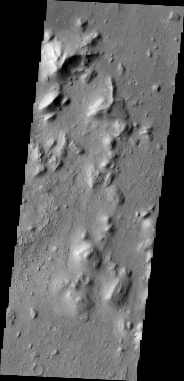 Between the highlands of Terra Cimmeria and the low plains of Elysium Planitia and Nepenthes Planum lies the rugged region called Nepenthes Mensae as seen by NASA 2001 Mars Odyssey spacecraft.