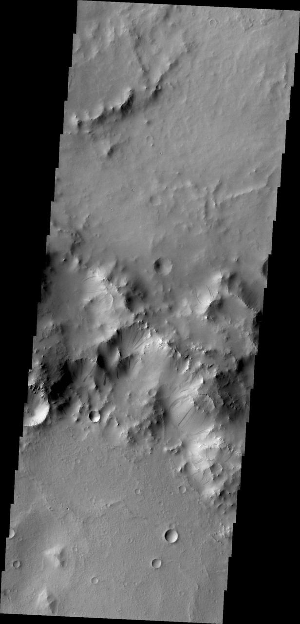 Gravity driven slope modification creates the dark marks on the crater rim in this unnamed crater in Terra Sabaea as seen by NASA 2001 Mars Odyssey spacecraft.