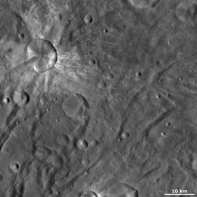 This image from NASA Dawn spacecraft of asteroid Vesta shows Canuleia crater, a large, irregularly shaped crater. Other interesting features of Canuleia include the diffuse bright material that is both inside and outside of its rim.