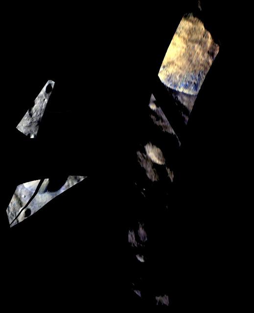 These images of Tarpeia crater, near the south pole of the giant asteroid Vesta, were obtained by the visible and infrared mapping spectrometer on NASA Dawn spacecraft.