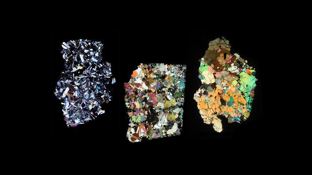 This image shows three slices of a class of meteorites that fell to Earth that NASA Dawn mission has confirmed as originating from the giant asteroid Vesta. 