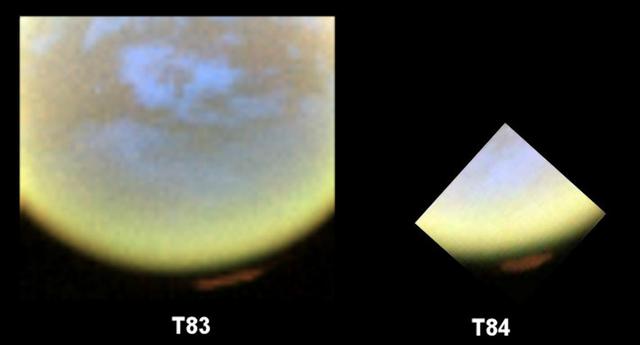 False-color images from NASA Cassini spacecraft show the development of a hood of high-altitude haze, which appears orange in this image, forming over the south pole of Saturn moon Titan.