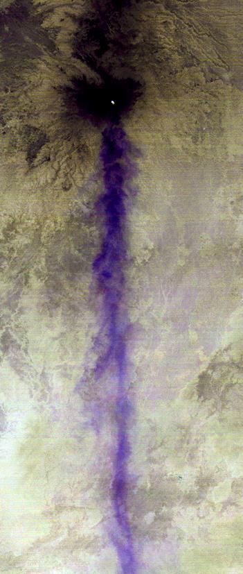 NASA Terra spacecraft shows Popocatepetl, the nearly 18.000-foot-high volcano about 40 miles southeast of Mexico City, continuing to spew water vapor, gas, ashes and glowing rocks from its latest eruption, which started in mid-April 2012.
