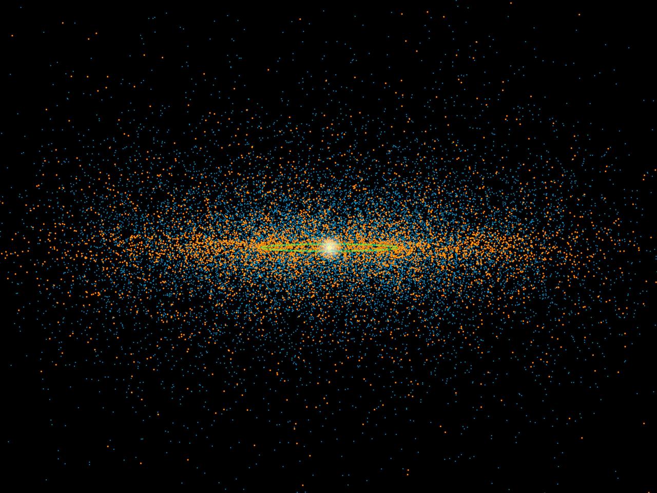 NEOWISE, the asteroid-hunting portion of NASA WISE mission, illustrates the differences between orbits of a typical near-Earth asteroid blue and a potentially hazardous asteroid, or PHA orange. PHAs are a subset of the near-Earth asteroids NEAs.  