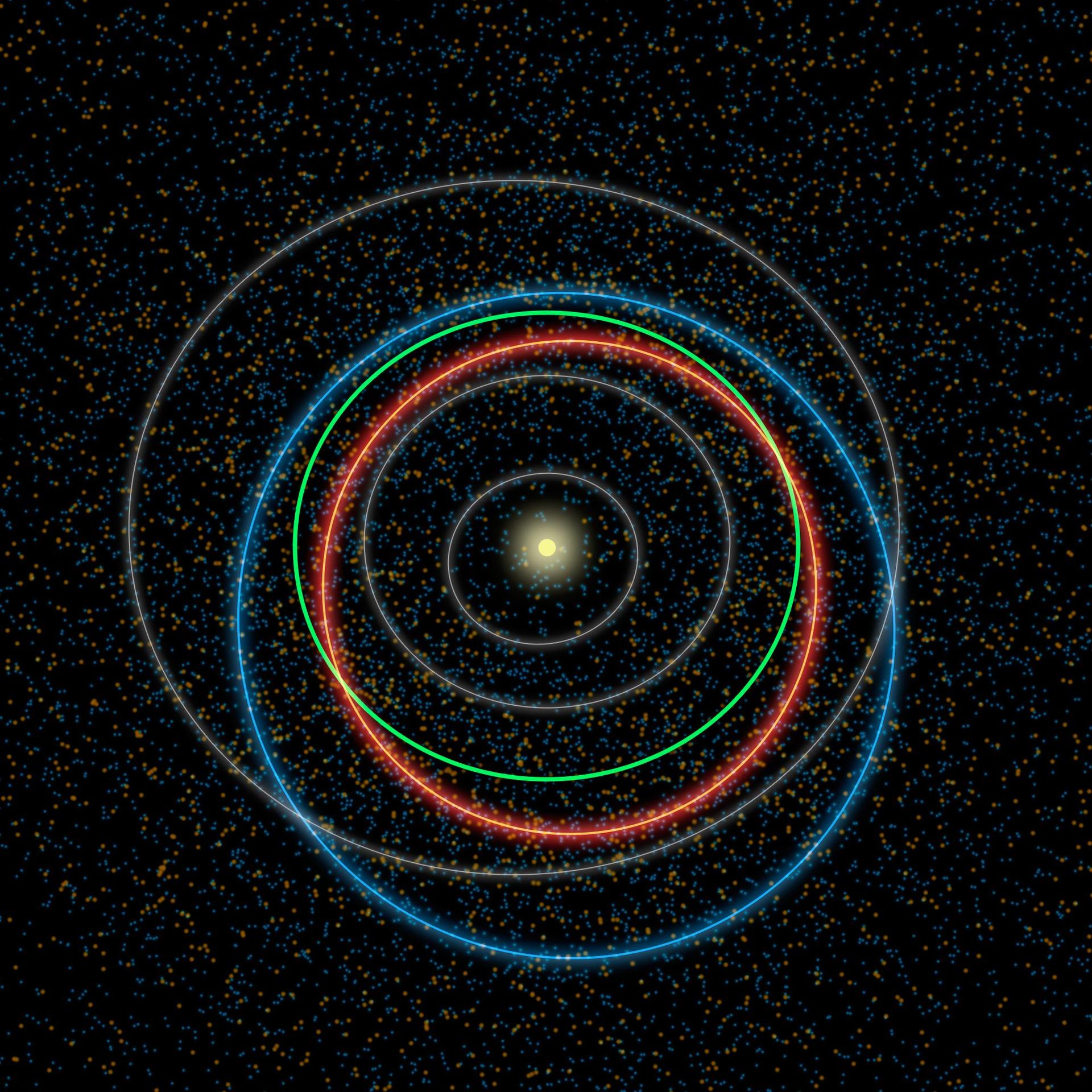 An overhead illustration of our solar system shows the Sun as a bright dot in the center of the black background of space, surrounded by a half-dozen elliptical orbits. A green ellipse represents Earth's orbit. A blue one closely circles around that, while an orange one crosses the green orbit in two places.