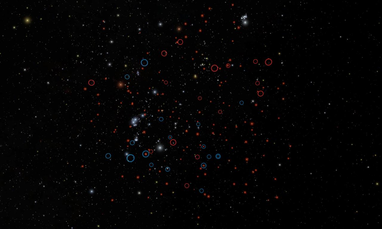 This image shows our own back yard, astronomically speaking, from a vantage point about 30 light-years away from the sun. It highlights the population of tiny brown dwarfs recently discovered by NASA WISE. The image simulates actual positions of stars.