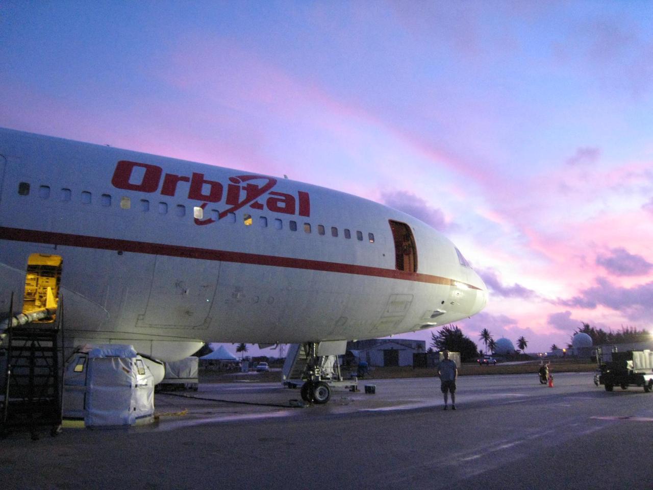 The carrier plane, L-1011 Stargazer, that will give NASA NuSTAR and its rocket a lift to their airborne launch site is seen here at sunrise on Kwajalein Atoll in the Pacific Ocean.