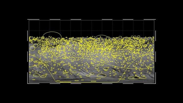 This graphic shows the global distribution of craters that hit the giant asteroid Vesta, based on data from NASA Dawn mission. The yellow circles indicate craters of 2 miles or wider, with the size of the circles indicating the size of the crater.