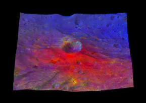 This image from NASA Dawn mission shows a 3-D, colorized rendering of Oppia Crater near the equator of the giant asteroid Vesta. Oppia is about 21 miles 34 kilometers across.