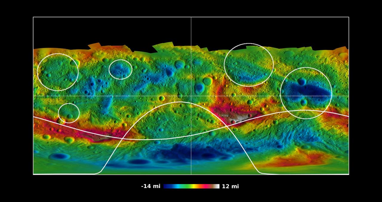 This global map from NASA Dawn mission shows the topography of the giant asteroid Vesta, with the seven most prominent impact basins highlighted. 