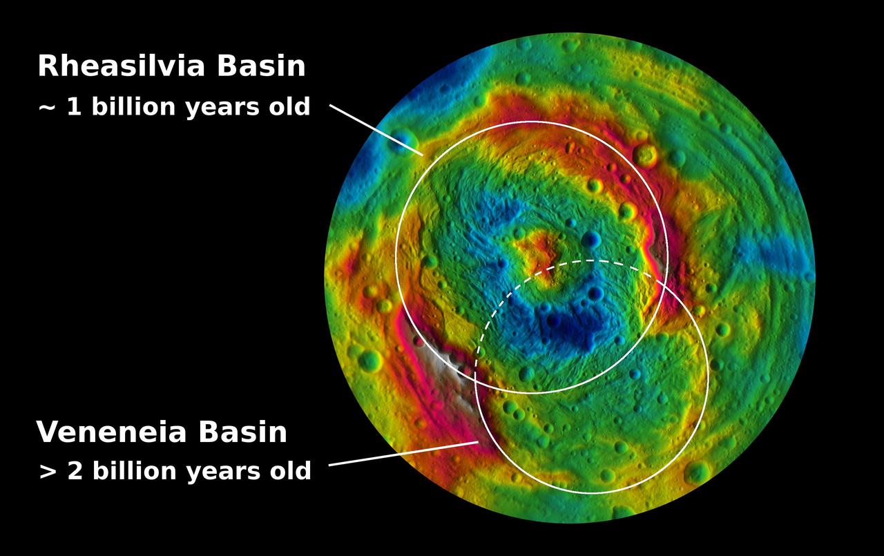 This topographic map from NASA Dawn mission shows the two large impact basins in the southern hemisphere of the giant asteroid Vesta.