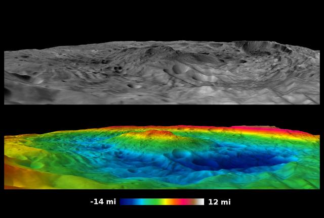 Scientists with NASA Dawn mission have created perspective views of the Rheasilvia impact basin on the giant asteroid Vesta. Rheasilvia is located in Vesta southern hemisphere.