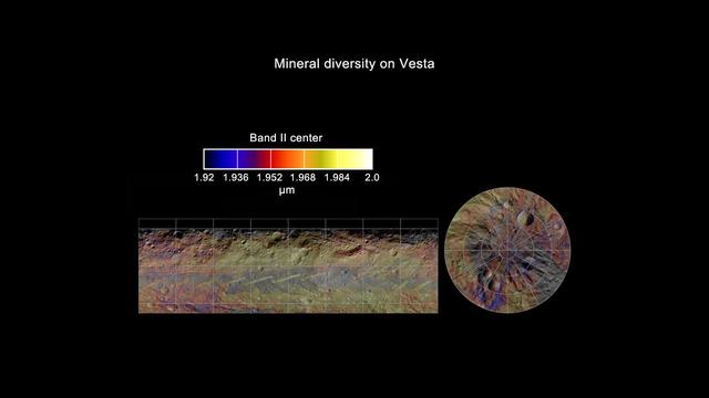 This colorized map from NASA Dawn mission shows the distribution of minerals across the surface of the giant asteroid Vesta. It was made from spectra -- or data collected in different wavelengths of radiation.
