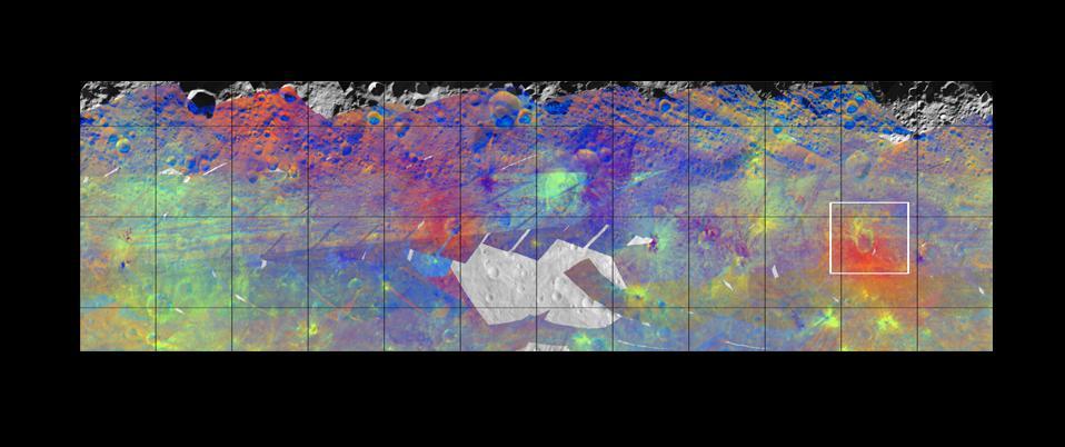 This image from NASA Dawn mission shows the varied minerals on the surface of the giant asteroid Vesta in false color. 