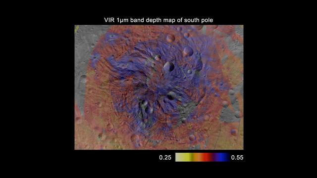 This map, made from data obtained by NASA Dawn spacecraft, shows the distribution of pyroxene, an iron- and magnesium-rich mineral, in the southern hemisphere of the giant asteroid Vesta.