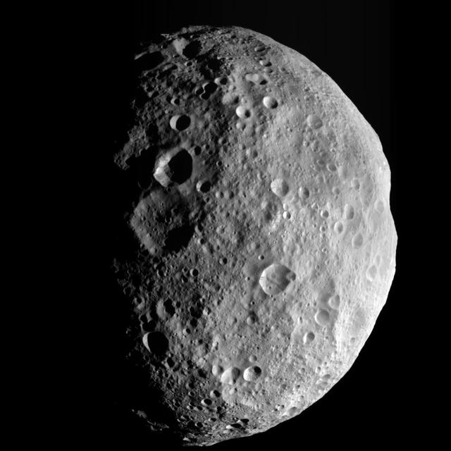 This image is from the last sequence of images NASA Dawn spacecraft obtained of the giant asteroid Vesta, looking down at Vesta north pole as it was departing. Dawn escaped from Vesta orbit on Sept. 4, 2012 PDT Sept. 5, 2012 CET.