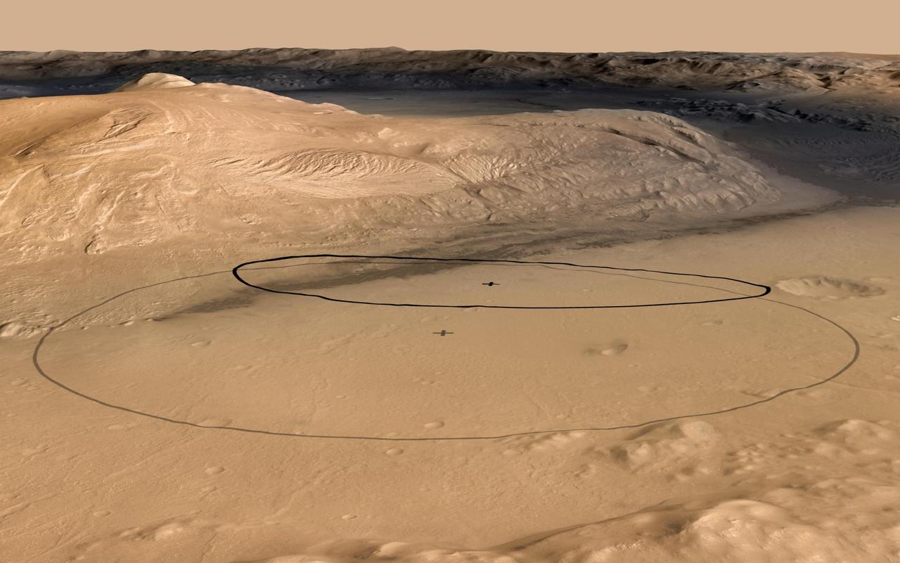 This image shows changes in the target landing area for Curiosity, NASA Mars Science Laboratory rover. The larger ellipse for the target area has been revised to the smaller ellipse centered nearer to the foot of Mount Sharp, inside Gale Crater.