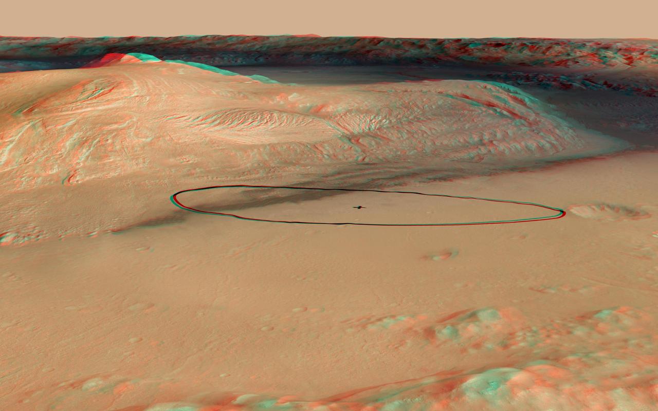 The site for NASA Curiosity rover is near the northern flank of Mount Sharp, inside Gale Crater on Mars. You need 3D glasses to view this image.