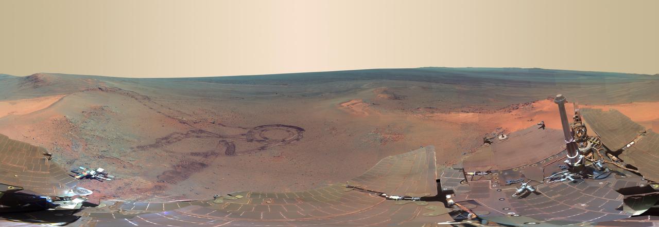 This full-circle scene combines 817 images, taken by the panoramic camera on NASA Mars Exploration Rover Opportunity, showing the terrain that surrounded the rover while it was stationary for four months of work during its most recent Martian winter.