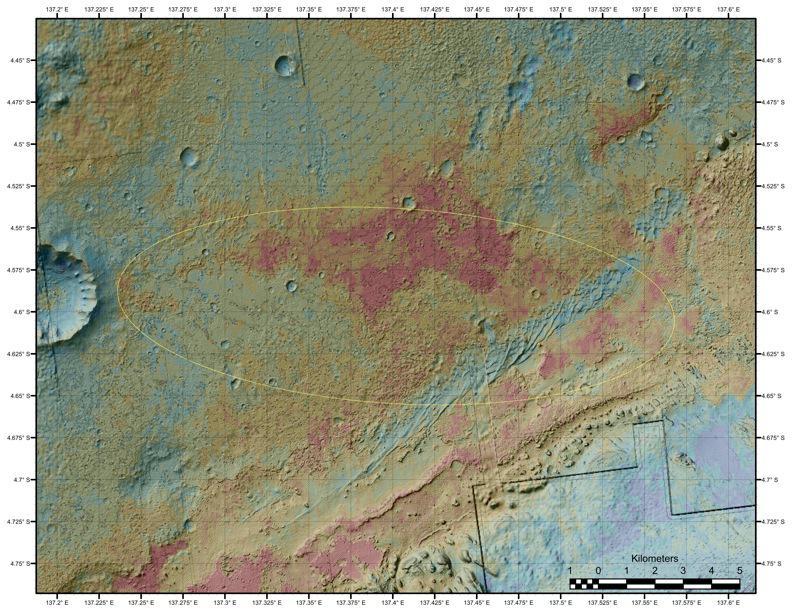 The area where NASA Curiosity rover will land on Aug. 5 PDT Aug. 6 EDT has a geological diversity that scientists are eager to investigate, as seen in this false-color map based on data from NASA Mars Odyssey orbiter.