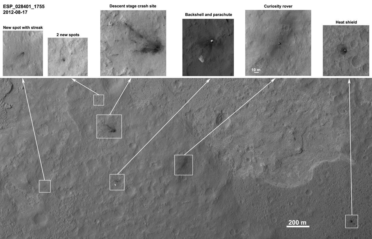Details such as the shadow of the mast on NASA Mars rover Curiosity appear in an image taken Aug. 17, 2012, by the HiRISE camera on NASA Mars Reconnaissance Orbiter, from more directly overhead than previous HiRISE images of Curiosity.