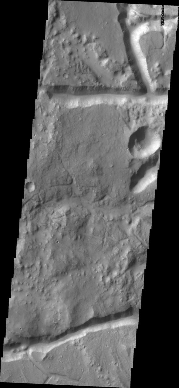 The channel-like features in image captured by NASA 2001 Mars Odyssey spacecraft are fracture sets related to the formation of Iani Chaos, which occurs directly north of the image.