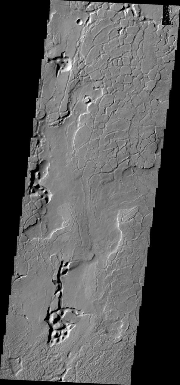 Tectonics played the major role in shaping the surface of this image captured by NASA 2001 Mars Odyssey spacecraft. This image contains arcuate fractures and isolated depressions containing chaos.