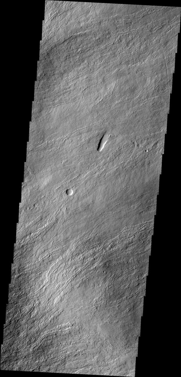 The narrow volcanic flows in this image captured by NASA 2001 Mars Odyssey spacecraft are located on the northeastern flank of Olympus Mons.