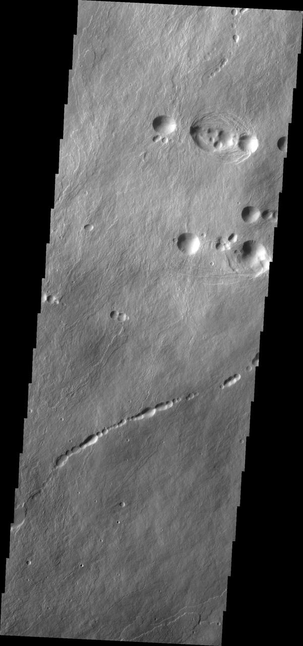 The pits in this image from NASA 2001 Mars Odyssey spacecraft are collapse features on the northern flank of Ascraeus Mons.