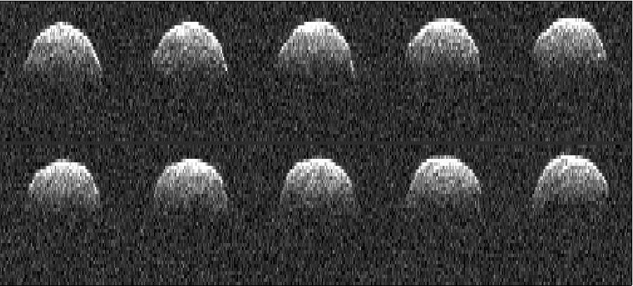 This radar image of asteroid 1999 RQ36 was obtained NASA Deep Space Network antenna in Goldstone, Calif. on Sept 23, 1999. NASA detects, tracks and characterizes asteroids and comets passing close to Earth using both ground- and space-based telescopes.